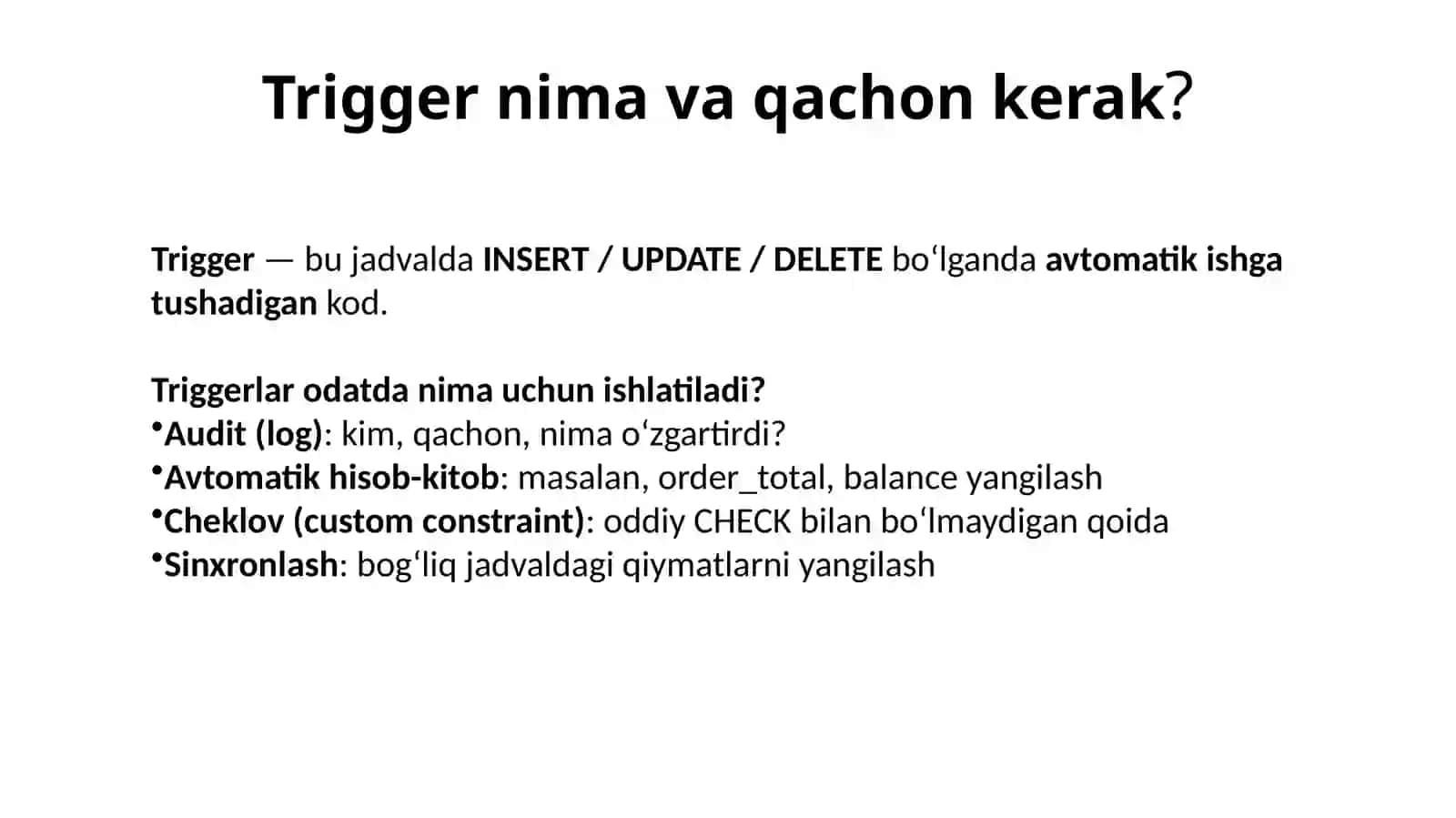 SQL da triggerlar bilan ishlash. Berilganlar bazasini zaxira nusxasini olish 2