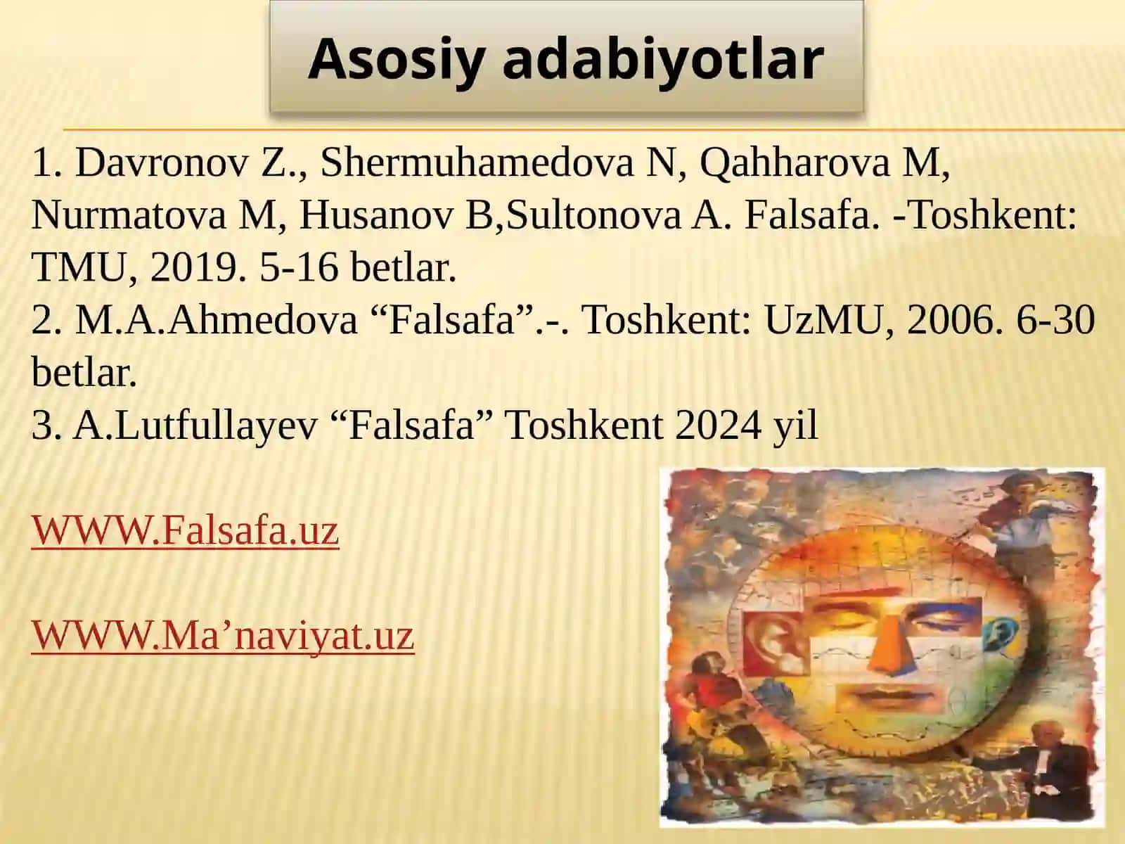 Falsafa. -Toshkent: TMU, 2019. 5-16betlar 2