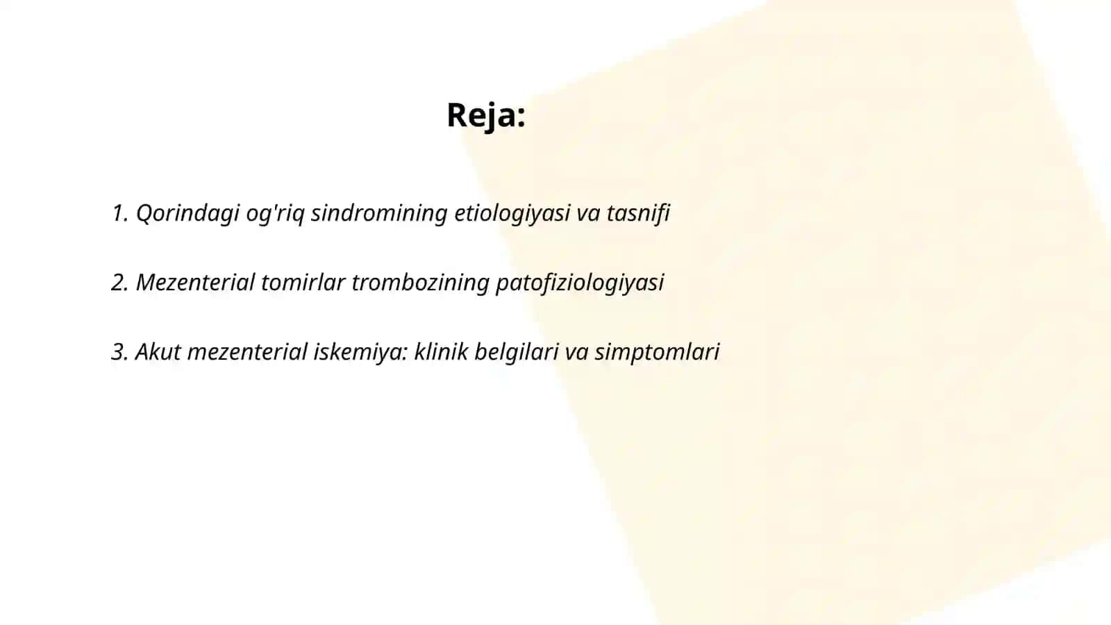 Qorindagi og'riq sindromi. Mezenterial tomirlar trombozi. Ichak, jigar, buyrak sanchigi. Shoshilinch yordam. UASh taktikasi 2