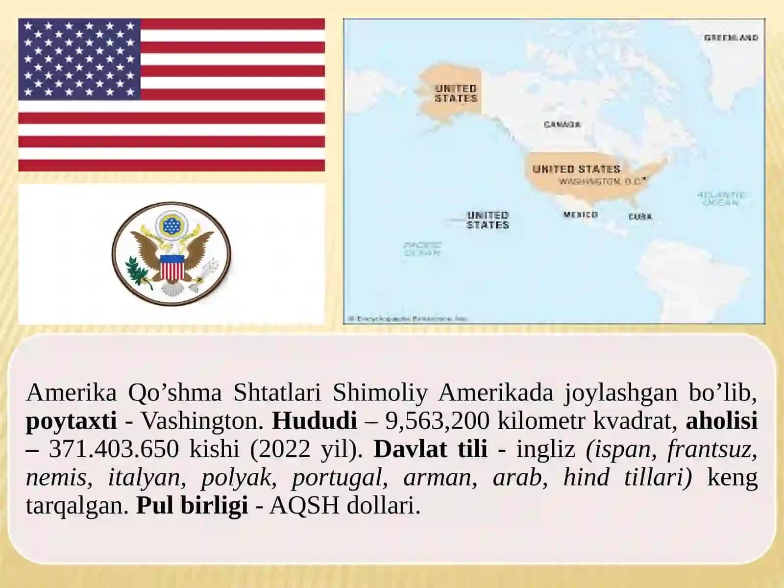 AQShning geografik o’rni, tabiiy sharoiti, foydali qazilmalari, tarixi, davlat tuzumi, ma’mu 2