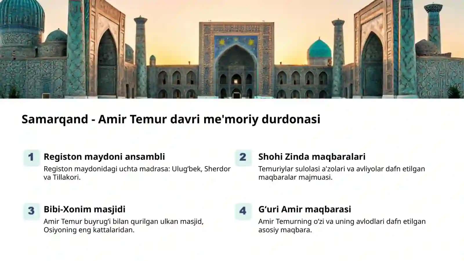 Samarqand - Amir Temur davri me'moriy yodgorliklari 2