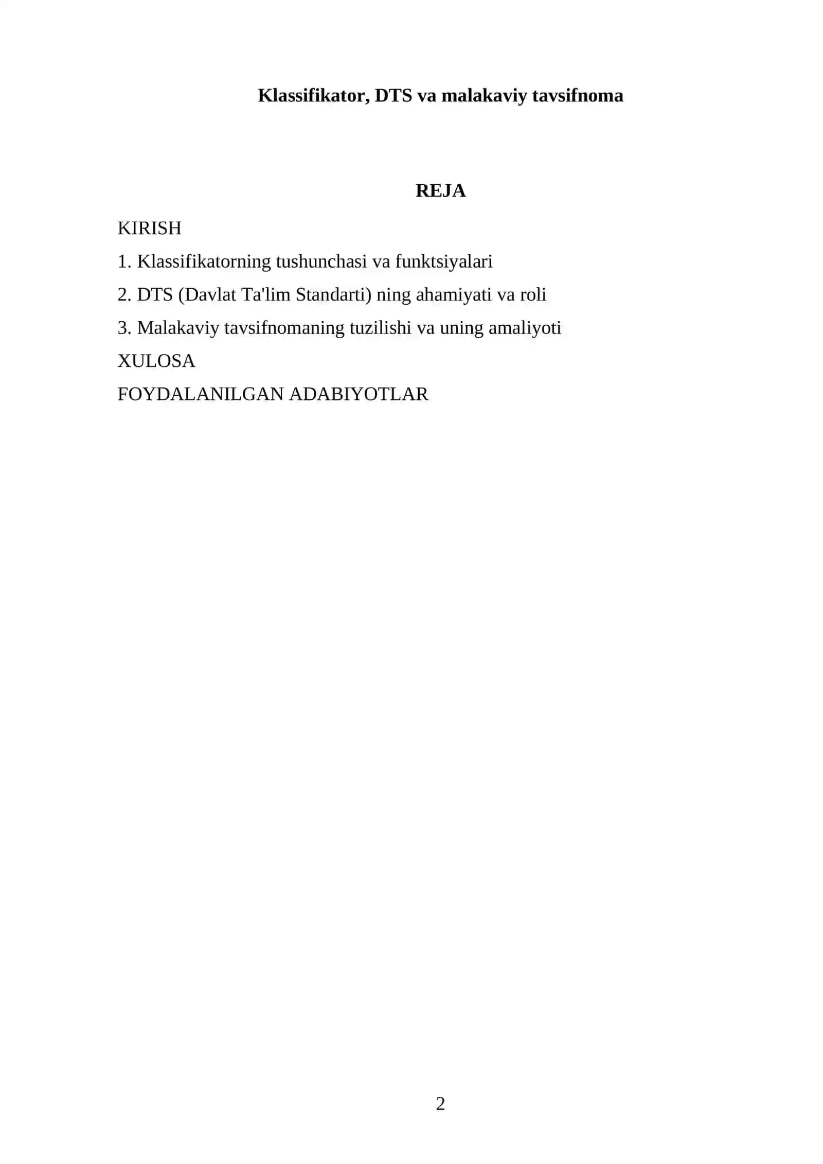 Klassifikator, DTS va malakaviy tavsifnoma 2