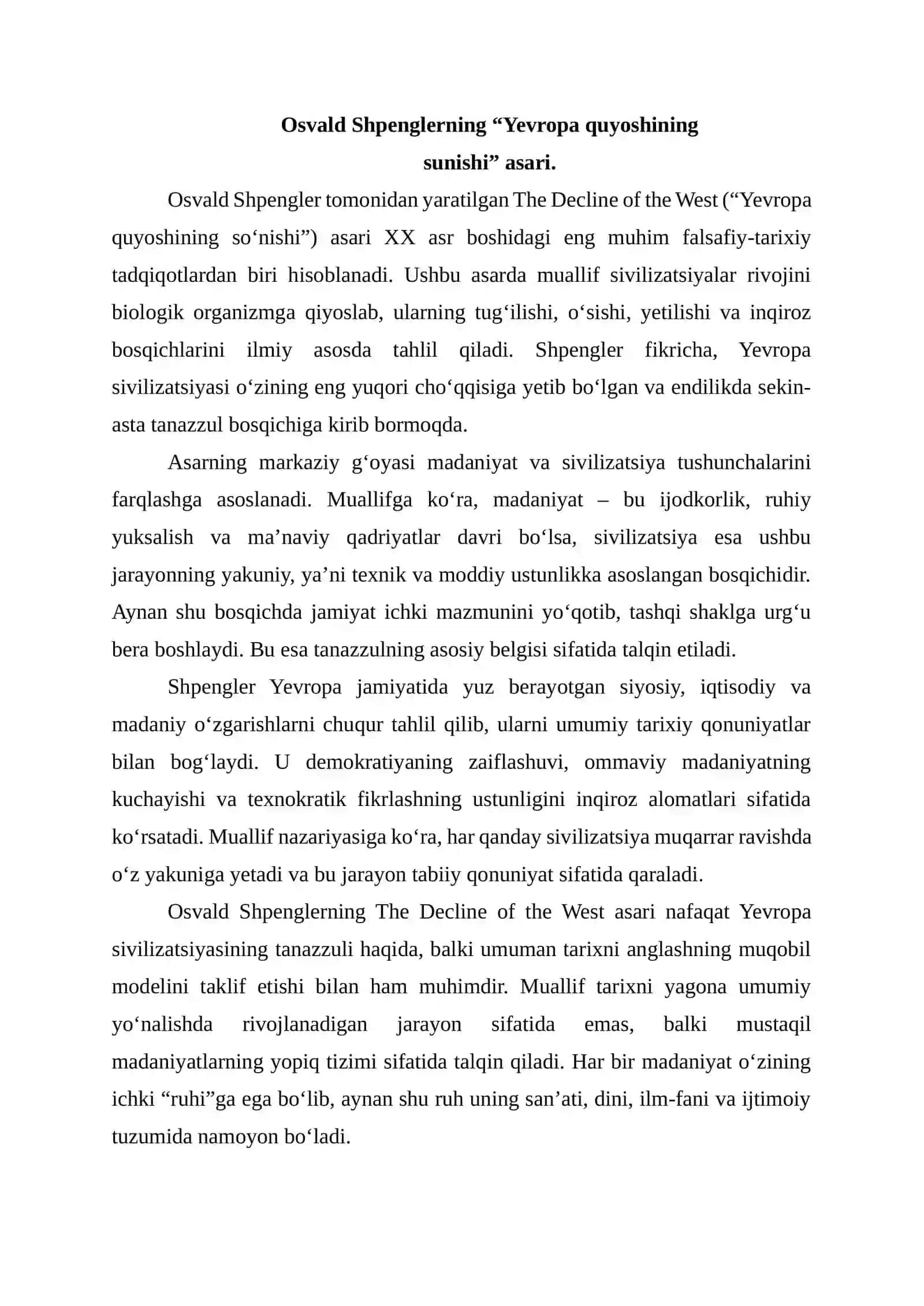 The Decline of the West (“Yevropa quyoshining so‘nishi”) 2