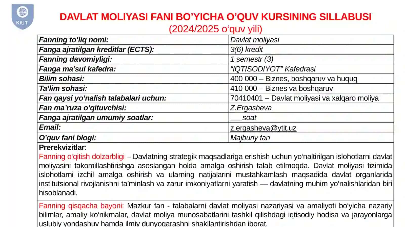 DAVLAT MOLIYASI FANI BO’YICHAO’QUV KURSINING SILLABUSI 2