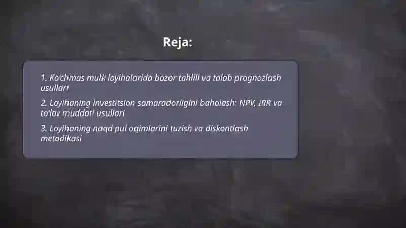 Ko‘chmas mulk loyihalarida iqtisodiy-moliya tahlilini amalga oshirish uslubiyati 2