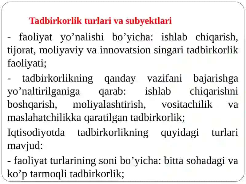 Tadbirkorlik turlari va subyektlari 2