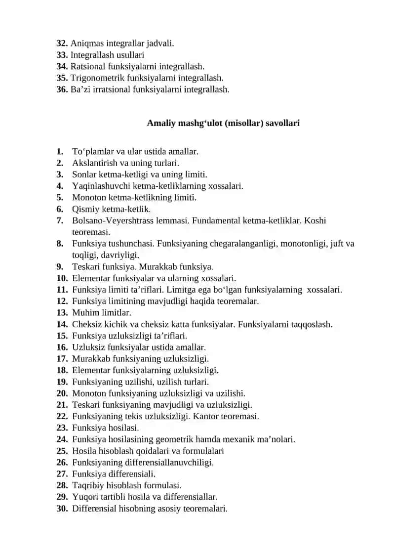 Amaliy matematika (kechki) ta’lim yo‘nalishi talabalari uchun 2