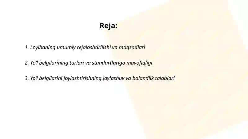 Bir yoʻl uchastkasining obodonlashtirish loyihasi ( yoʻl belgilarini, yashil hududni servis obektlarini joylashtirish) 2