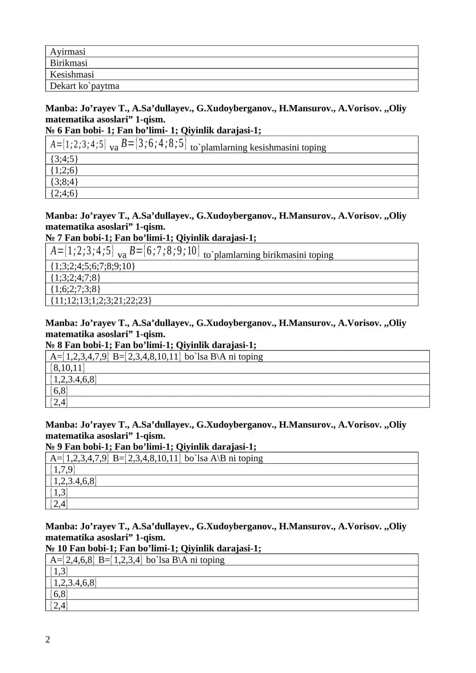 Oliy matematika asoslari 1-qism 2