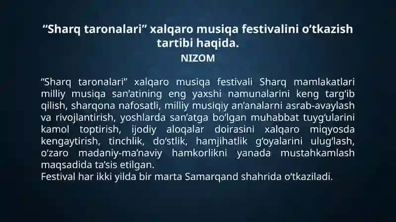 "SHARQ TARONALARI" XALQARO MUSIQA FESTIVALI 2