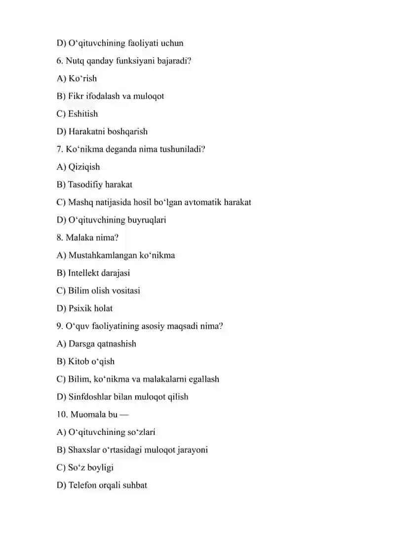 PEDAGOGIK PSIXOLOGIYA FANIDAN TEST SAVOLLARI 2
