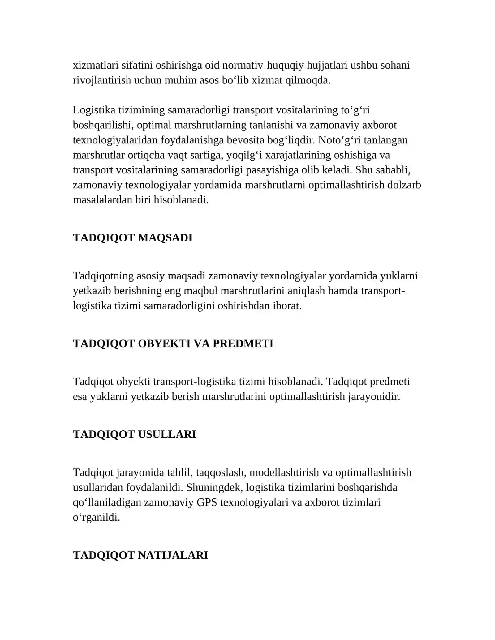 ZAMONAVIY TEXNOLOGIYALARDAN FOYDALANGAN HOLDA YUKLARNI YETKAZIB BERISHNING MAQBUL YO‘NALISHLARINI ANIQLASH 2