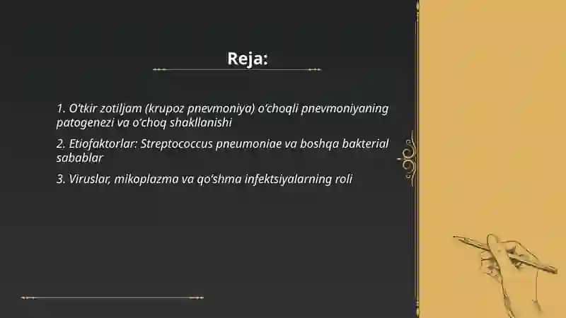 Oʻtkir zotiljam (krupoz pnevmoniya) oʻchoqli pnevmoniya sabablari, klinik belgilari, davolash va oldini olish choralari 2