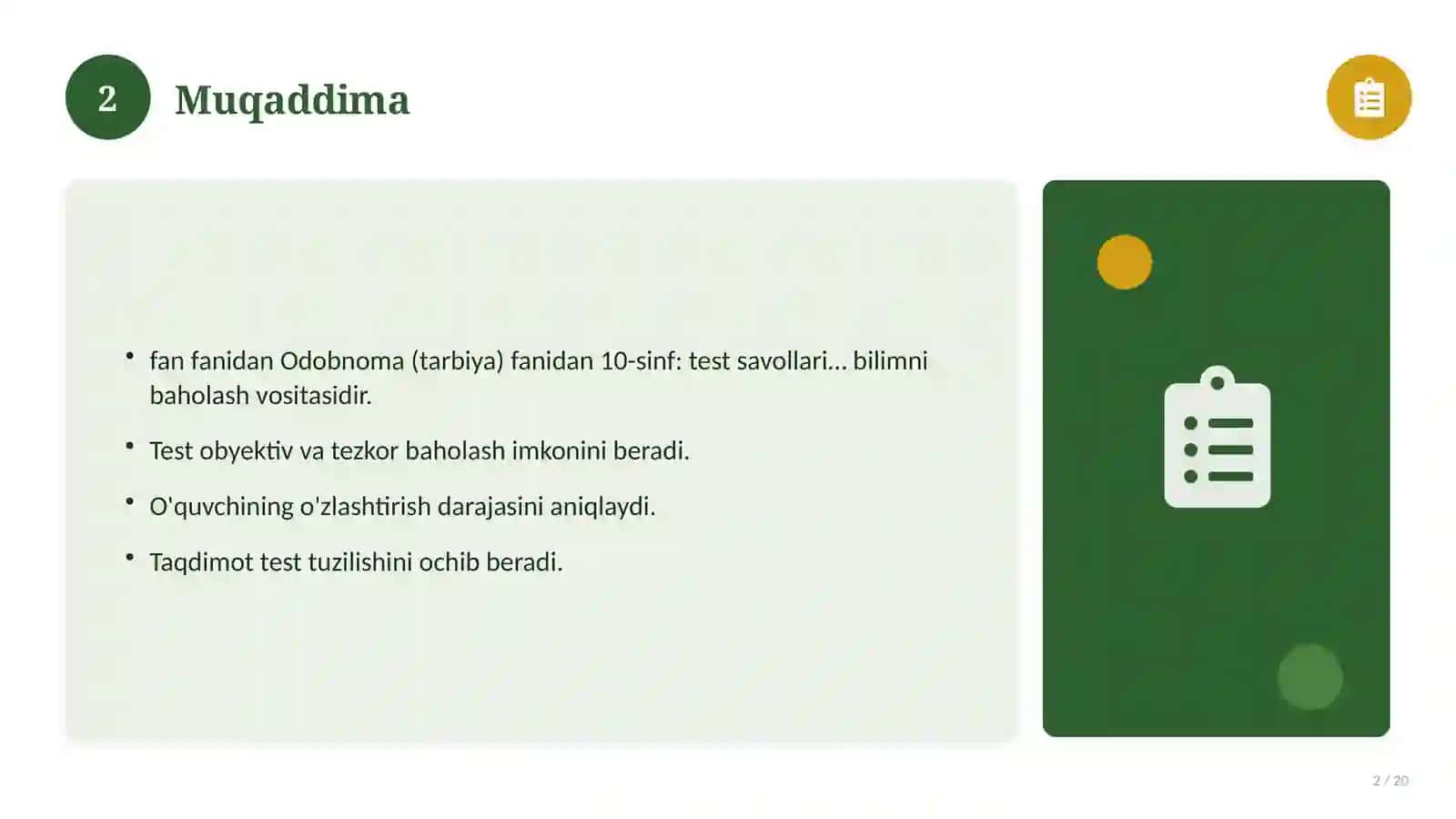 Odobnoma (tarbiya) fanidan 10-sinf: test savollari to'plami 2