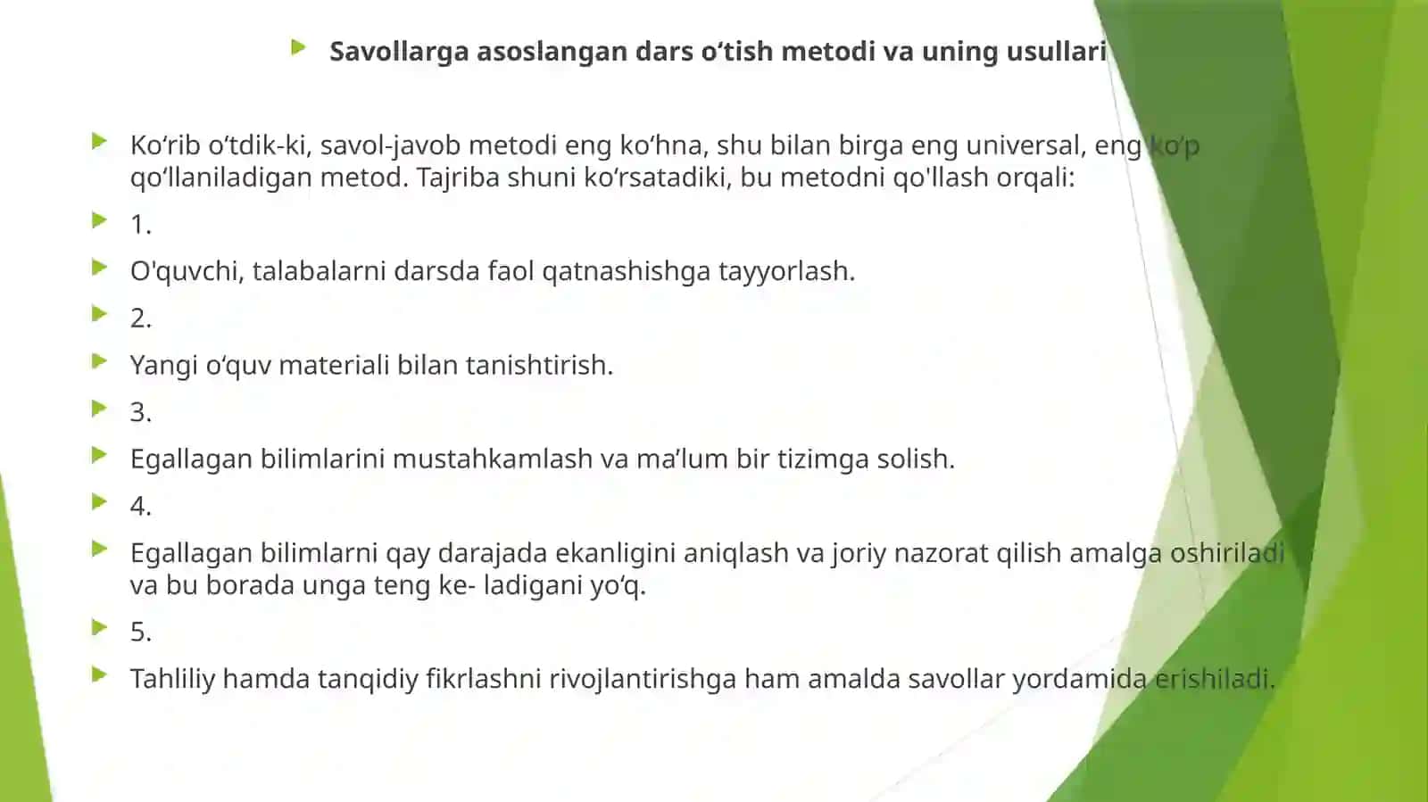 Savollarga asoslangan dars o'tish metodi va uning usullari 2