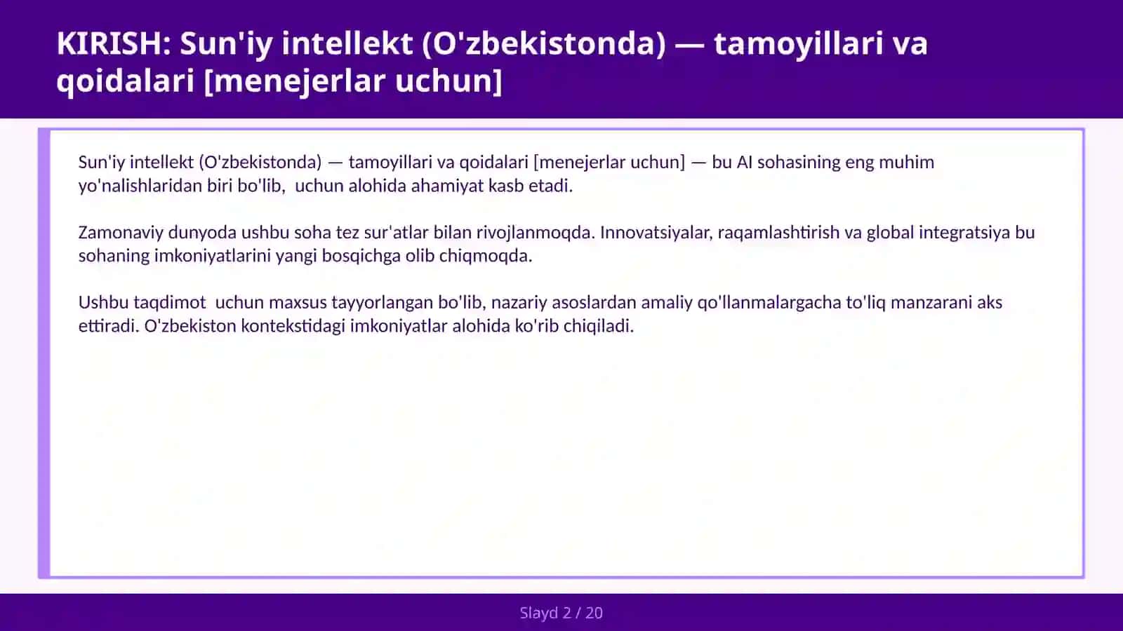 Sun'iy intellekt (O'zbekistonda) — tamoyillari va qoidalari [menejerlar uchun] 2