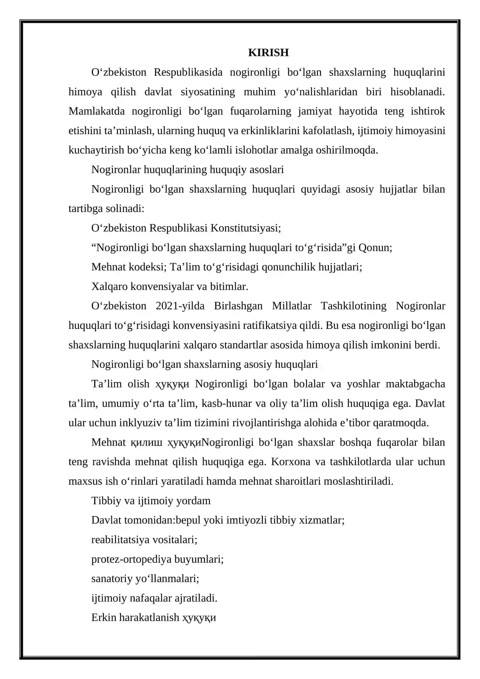 O'ZBEKISTON RESPUBLIKASIDA NOGIRONLAR HUQUQLARINI HIMOYA QILISH 2