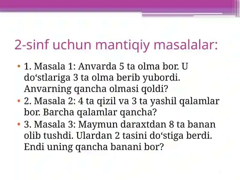 2-sinf uchun mantiqiy masalalar 2