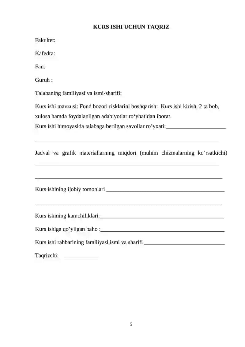 Fond bozori risklarini boshqarish. Kurs ish 2