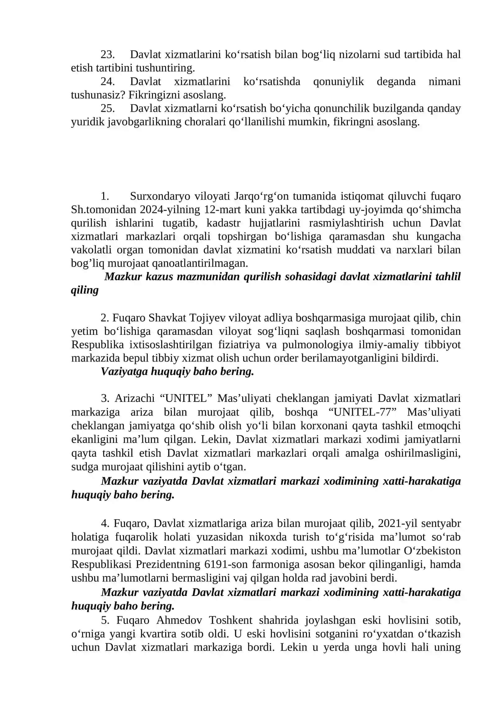 Davlat xizmatlari modulidan yakuniy nazorat savollari 2