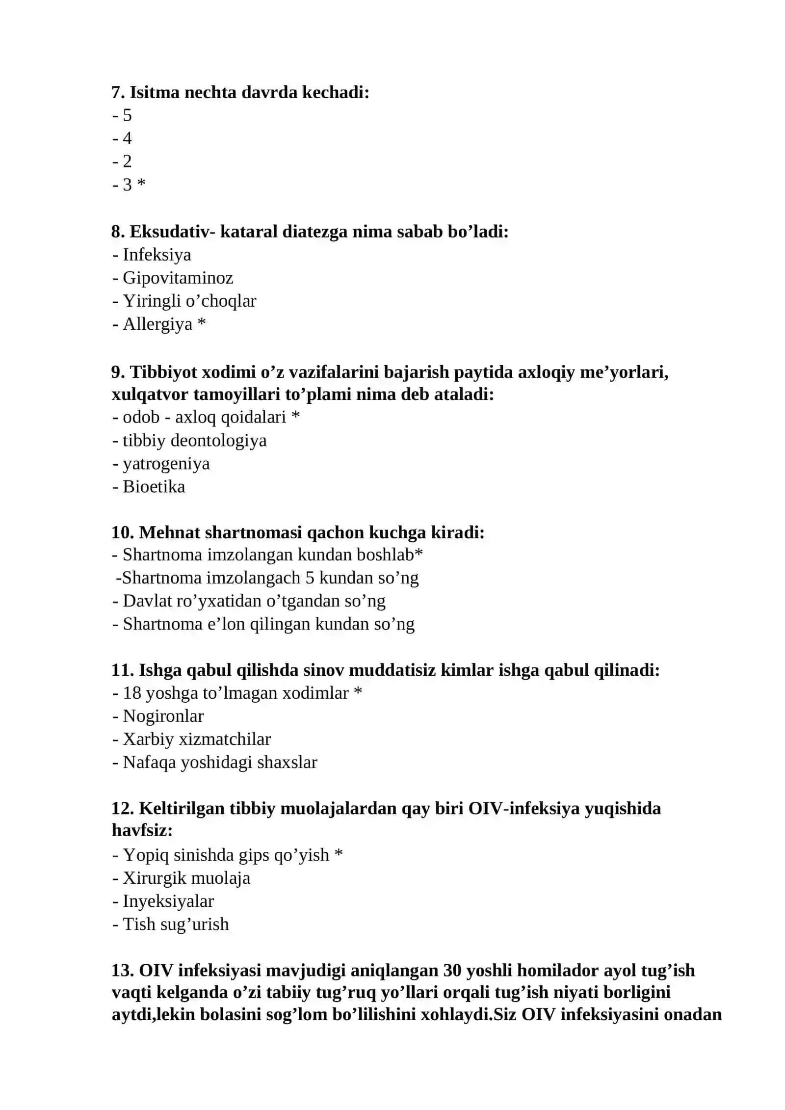 Oliy hamshiralik ishi mutaxassisligi bo’yicha shakllantirilgan test savollari 2
