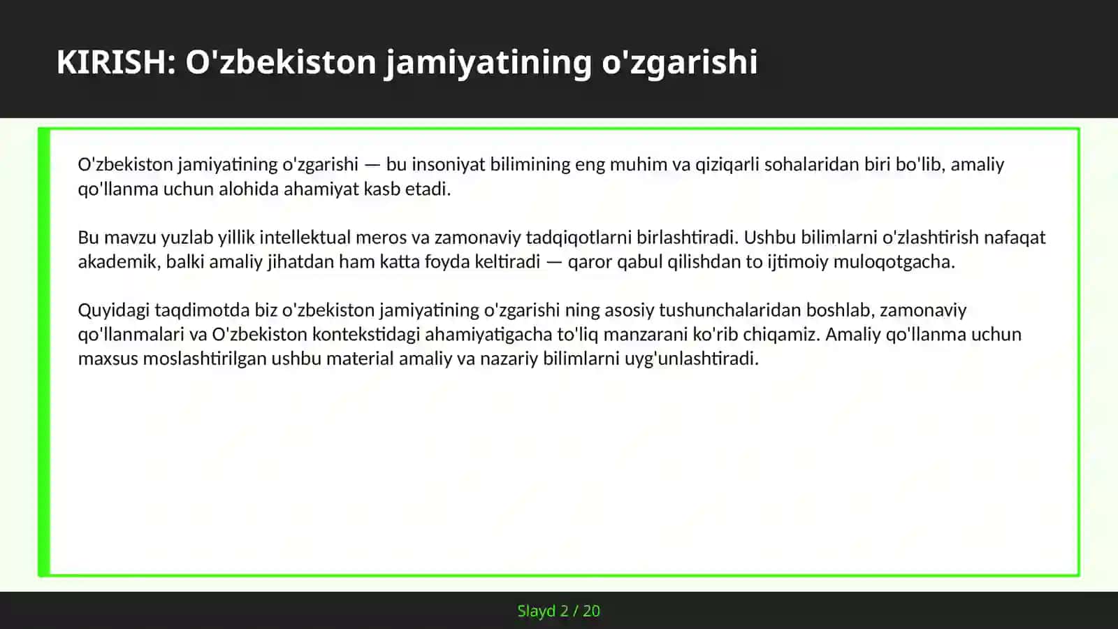 O'ZBEKISTON JAMIYATINING O'ZGARISHI 2