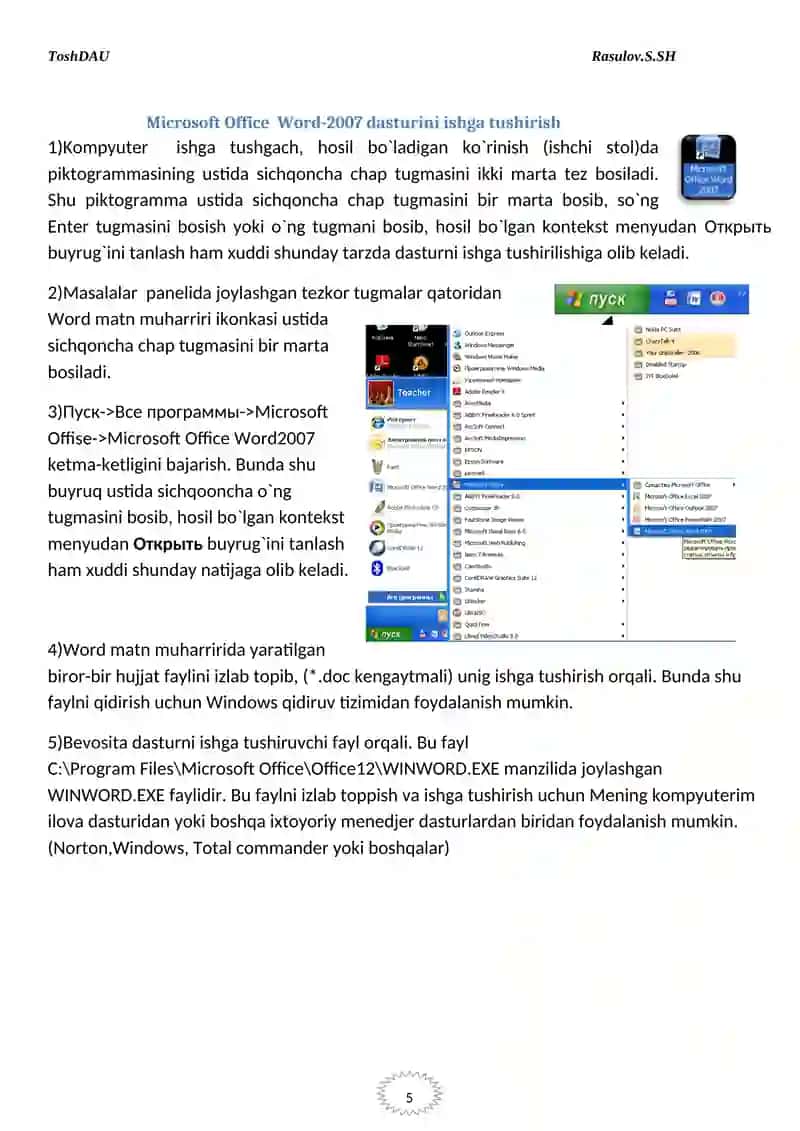 Microsoft Office Word-2007 dasturini ishga tushirish 2