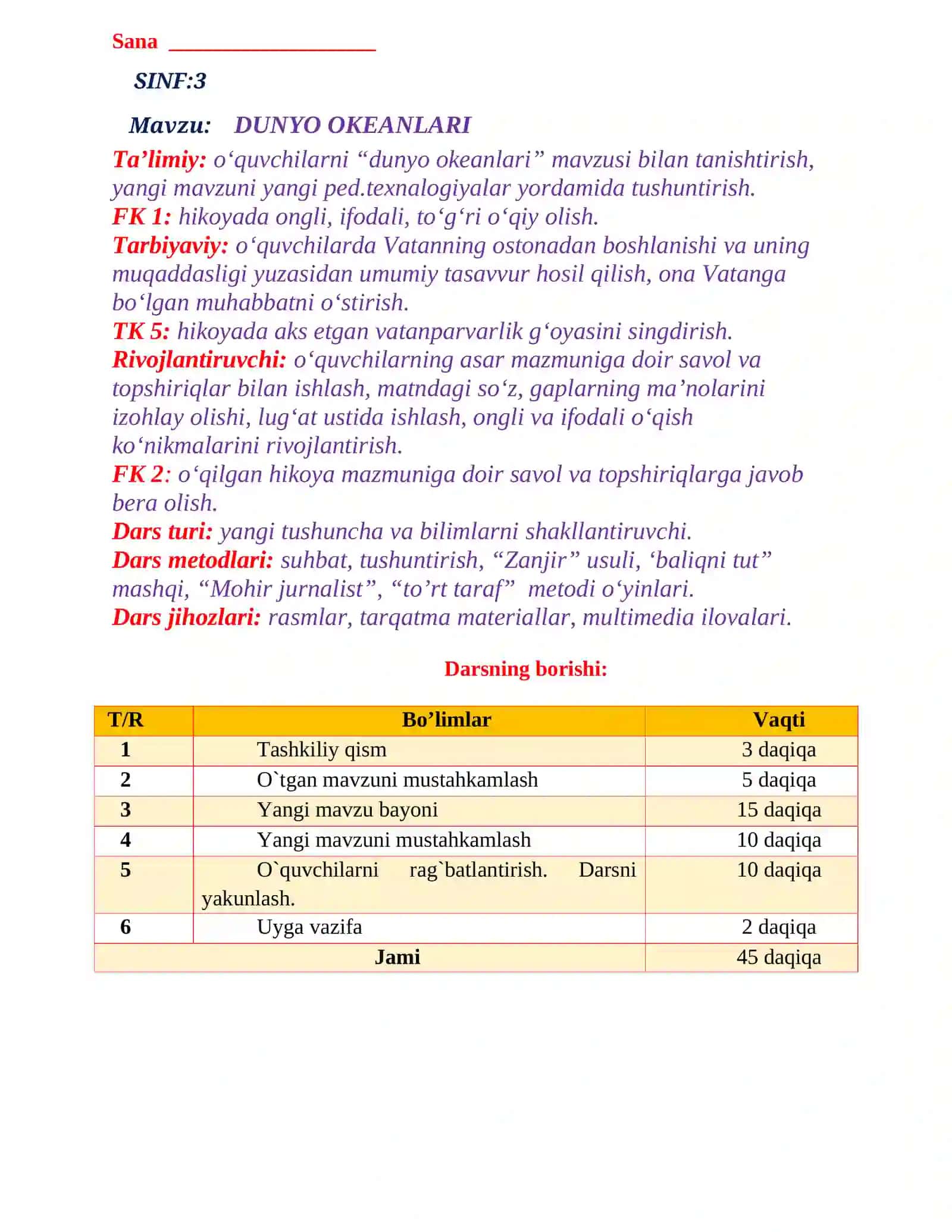 3-sinf Ona tili va o'qish fanidan Dunyo okeanlari dars ishlanmasi 2