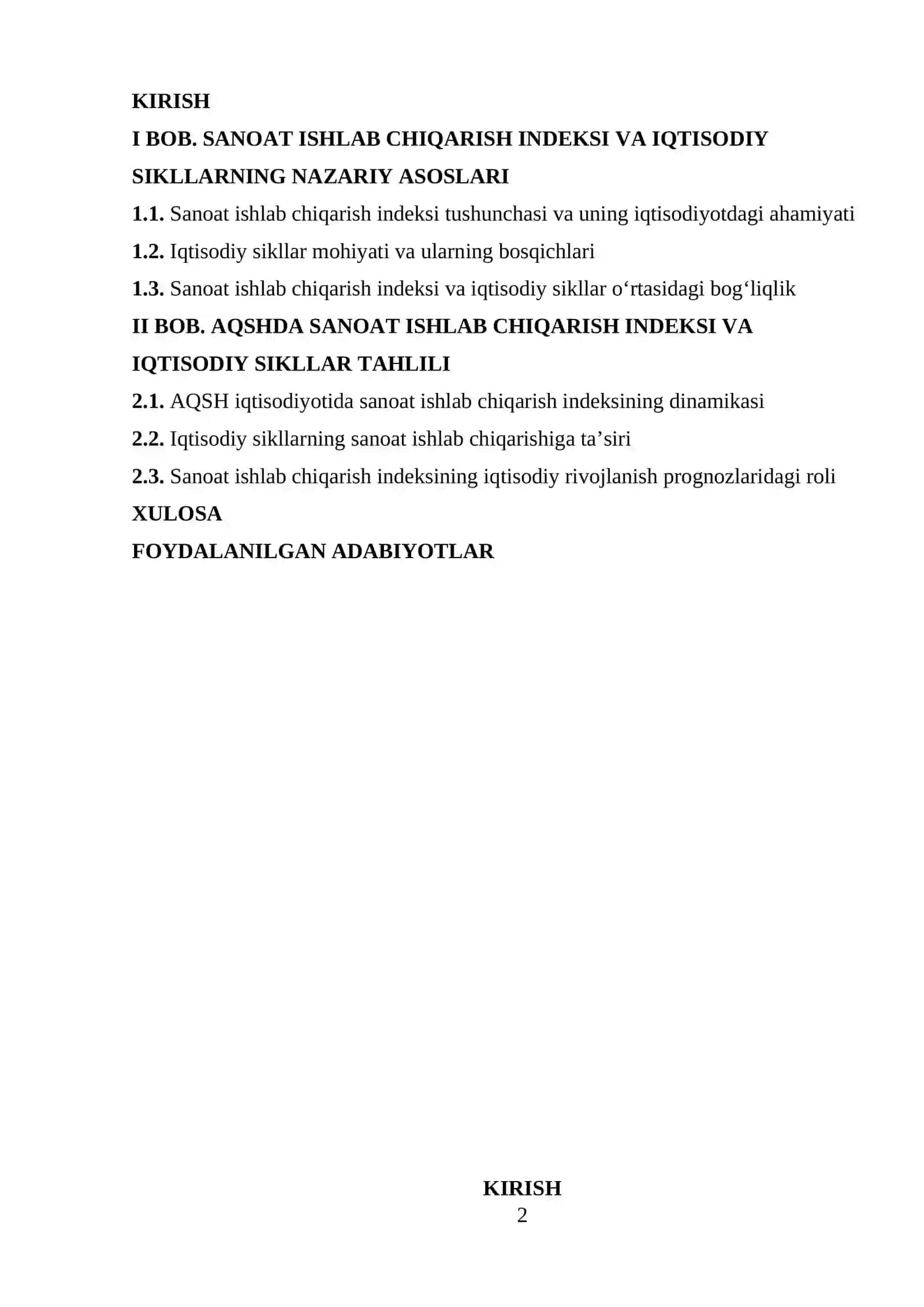 Sanoat ishlab chiqarish indeksi va iqtisodiy sikllar (AQSH misolida) mavzusida tayyor kurs ishi 2