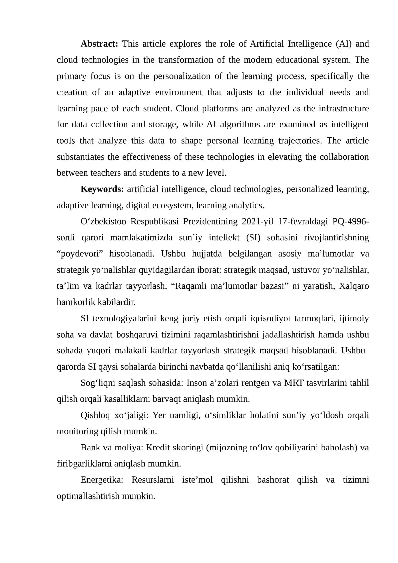 RAQAMLI TA’LIM MUHITINI SHAKLLANTIRISHDA SUN’IY INTELLEKT VA BULUTLI TEXNOLOGIYALARNING TEXNIK IMKONIYATLARI 2