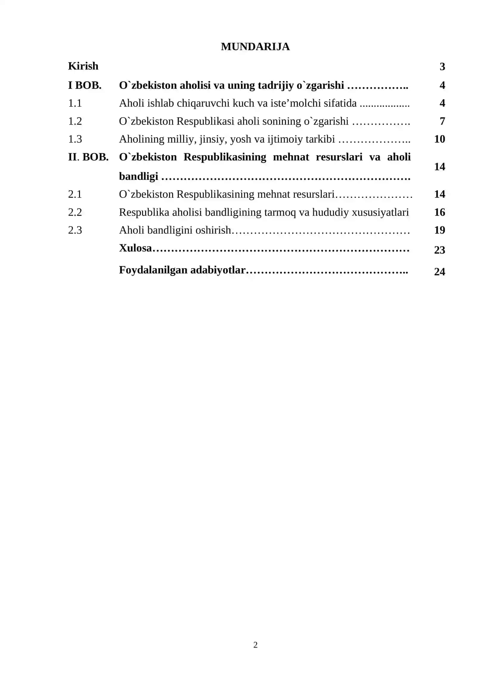 O`zbekiston aholisi va mehnat resurslari. 2
