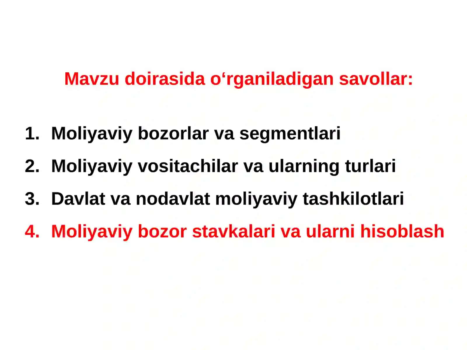 MOLIYAVIY BOZORLAR, ULARNING ISHTIROKCHILARI VA MOLIYAVIY BOZOR STAVKALARI 2