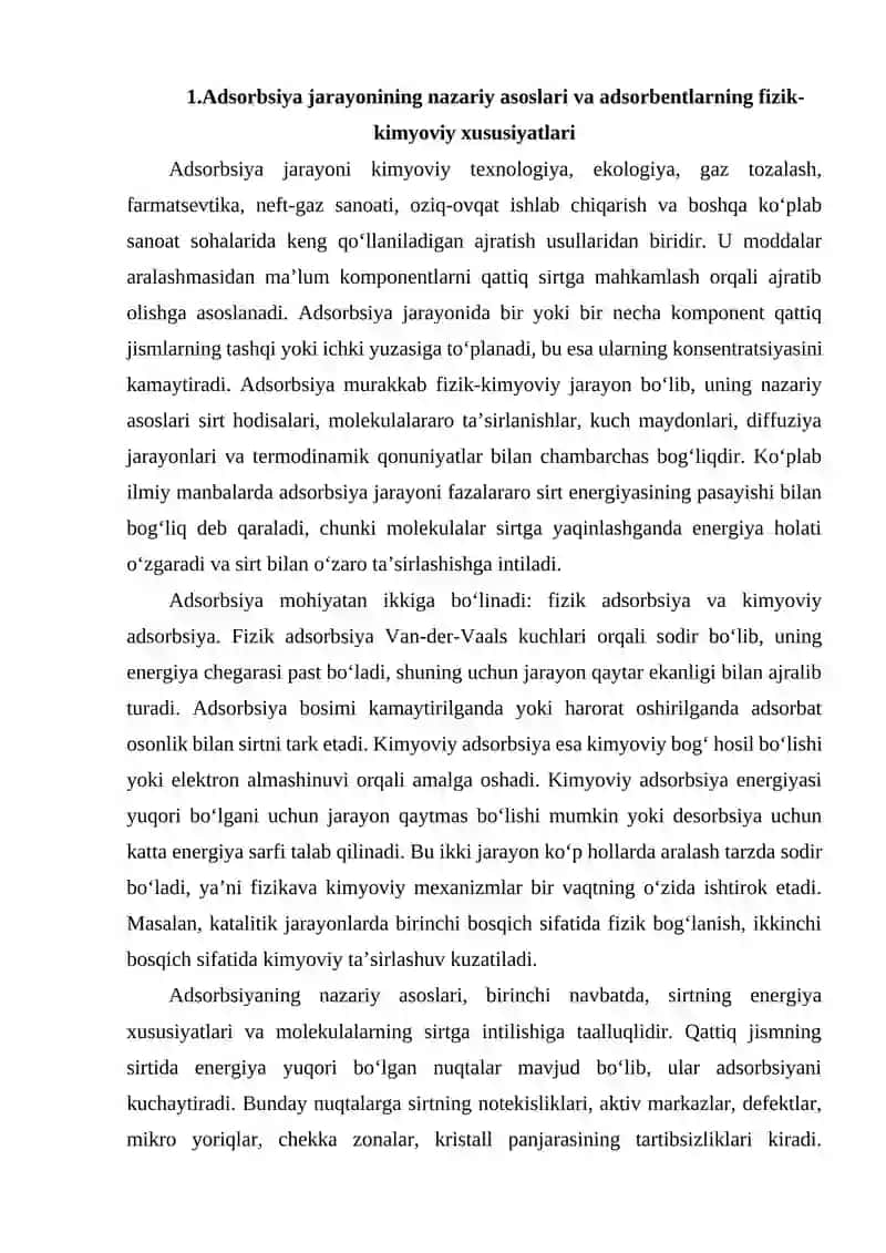 Adsorbsiya. Adsorbentlar turlari va xossalari. 2