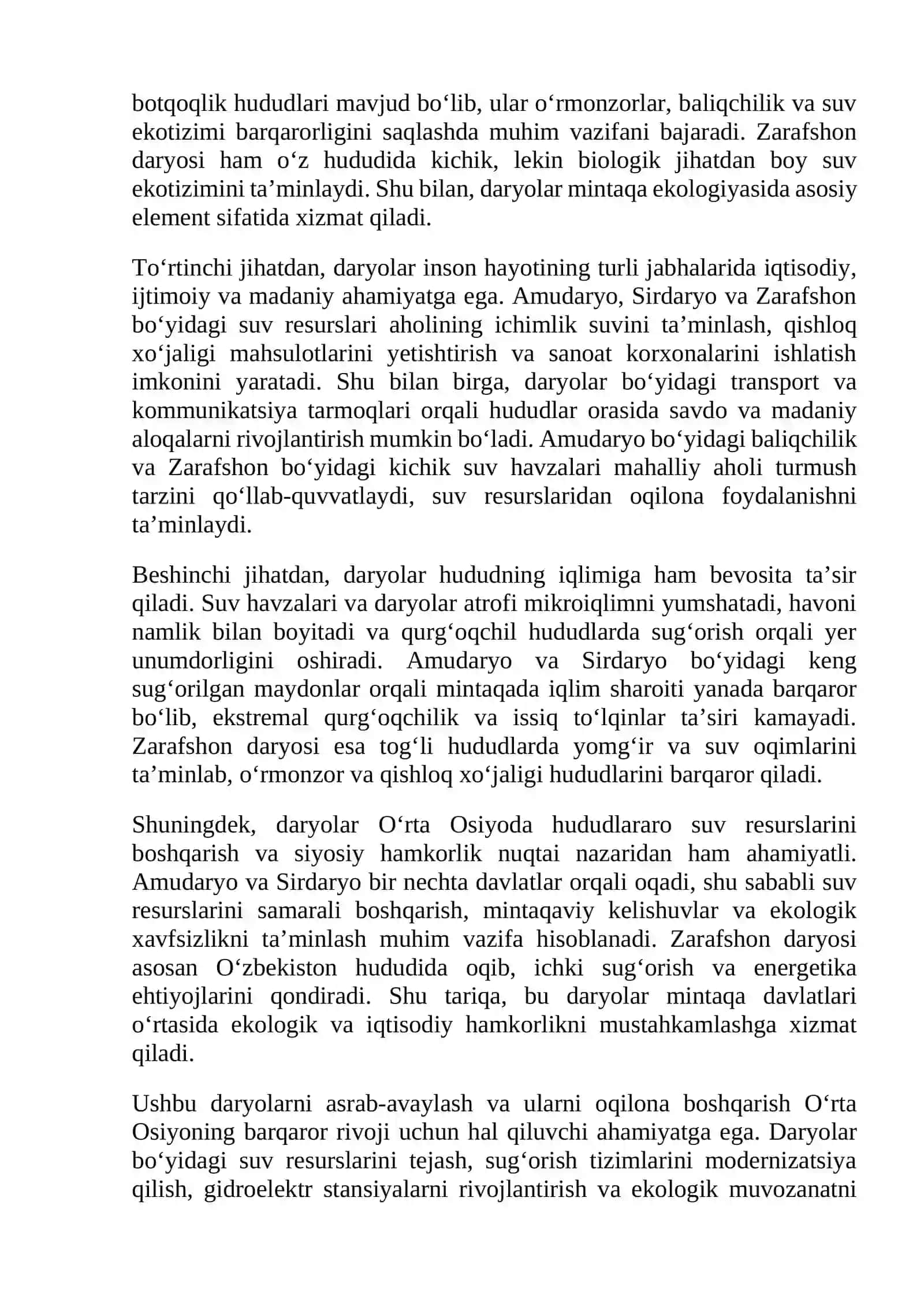 Amudaryo Sirdaryo va Zarafshon daryolarining O‘rta Osiyo hayotidagi ahamiyati 2