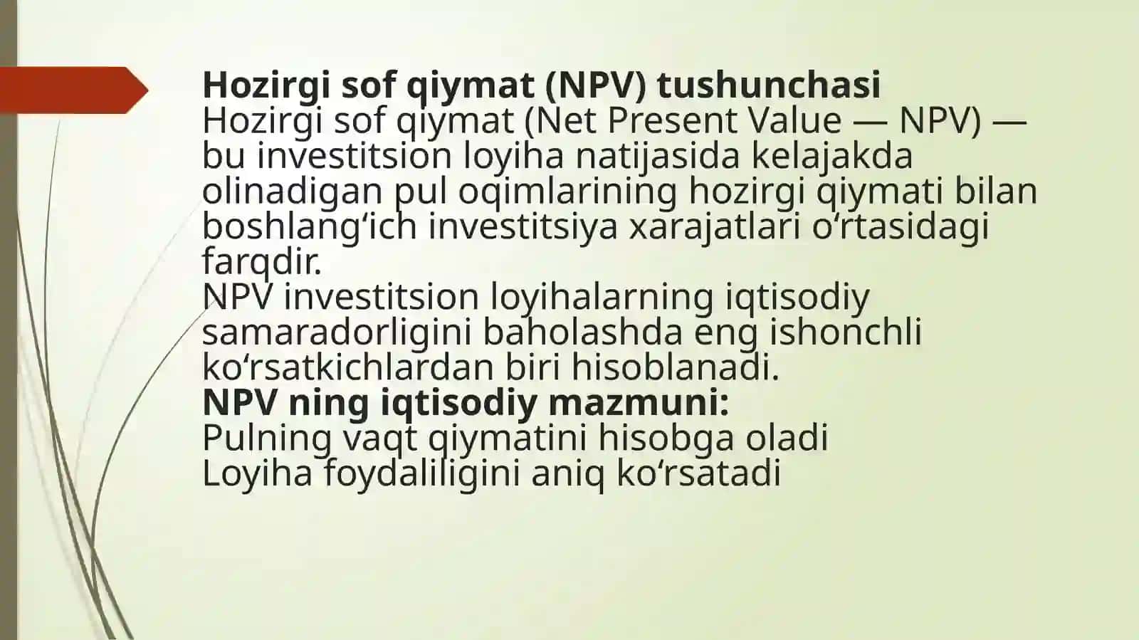 Hozirgi sof qiymat ( NPV) tushunchasi 2