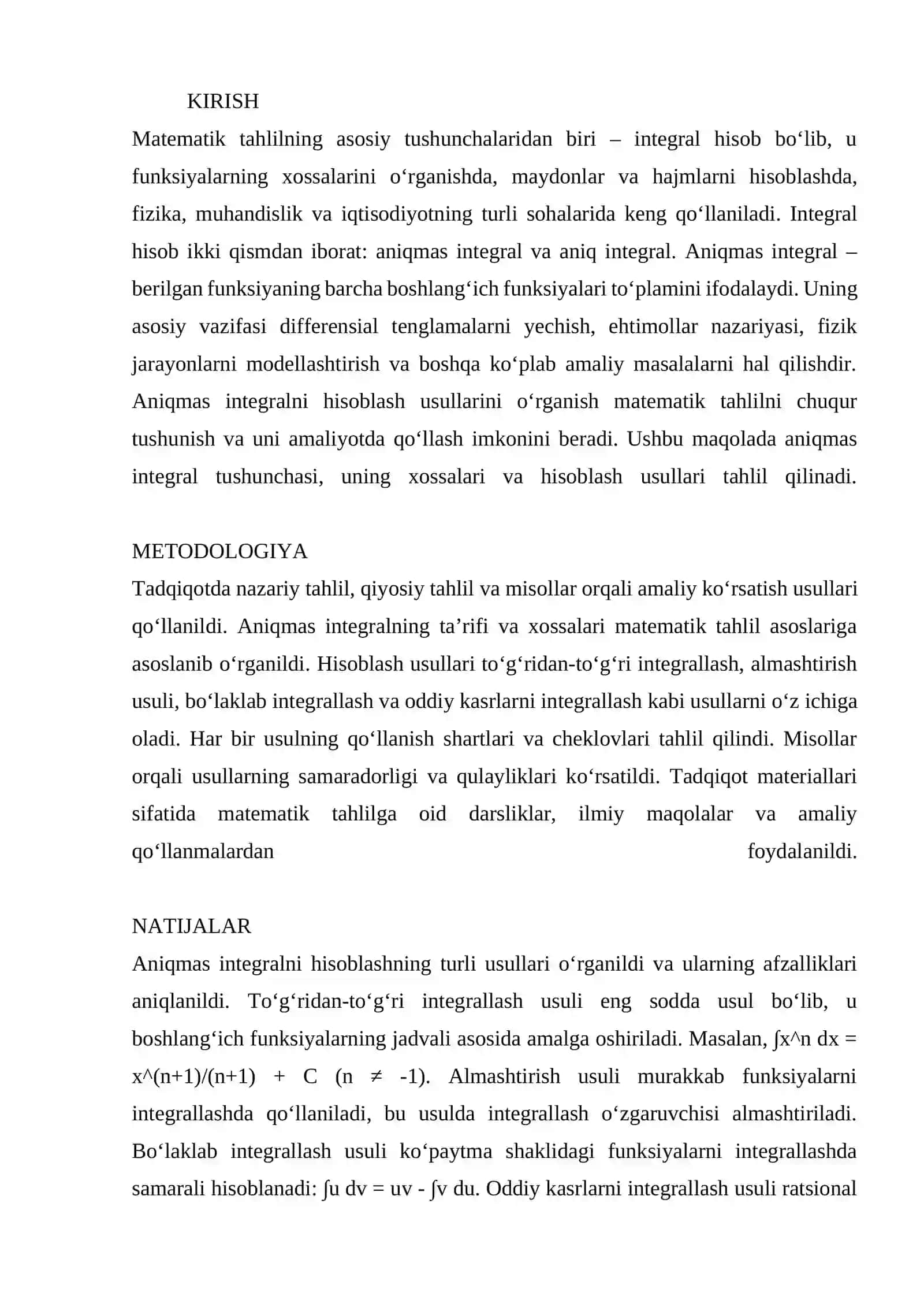ANIQMAS INTEGRAL TUSHUNCHASI VA UNI HISOBLASH USULLARI 2