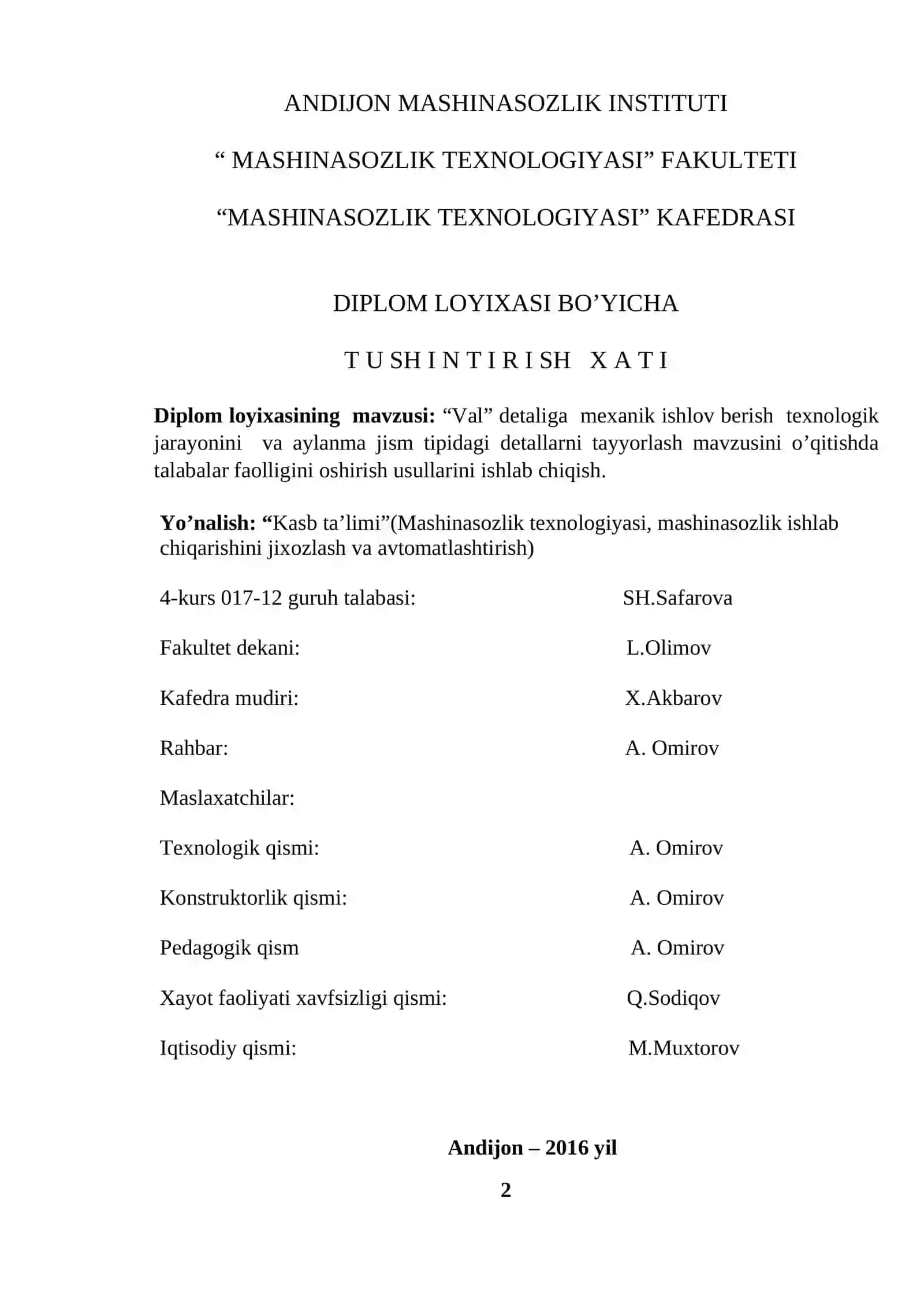 «Mashinasozlik texnologiyasi» 2