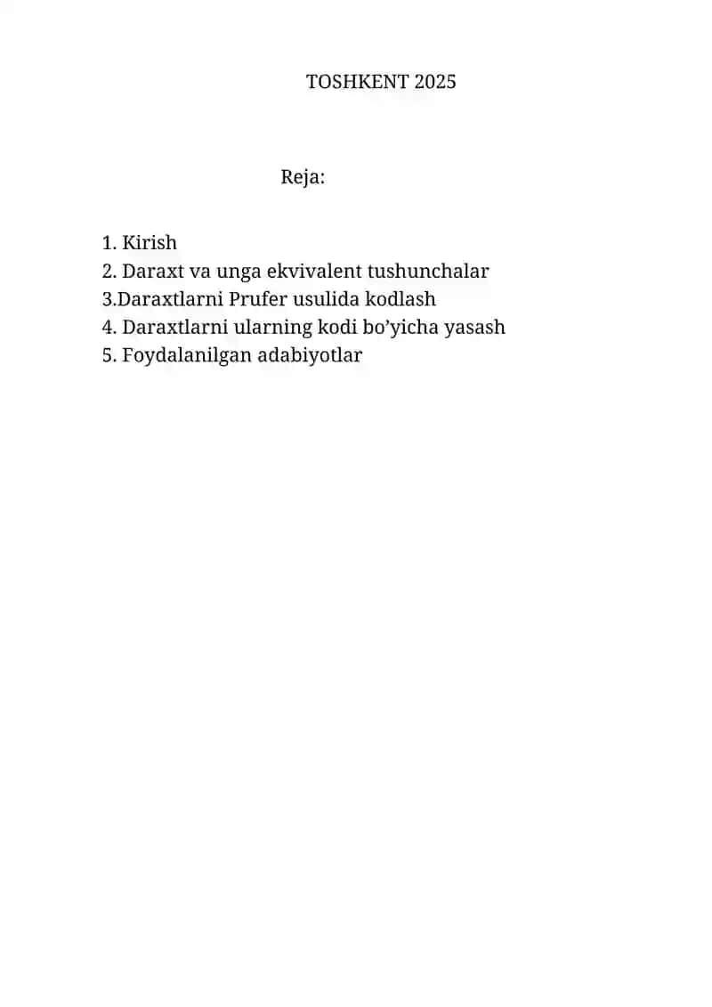 Daraxtlari Prufer usulida kodlash. Daraxtlarniularni kod boyicha yasash 2