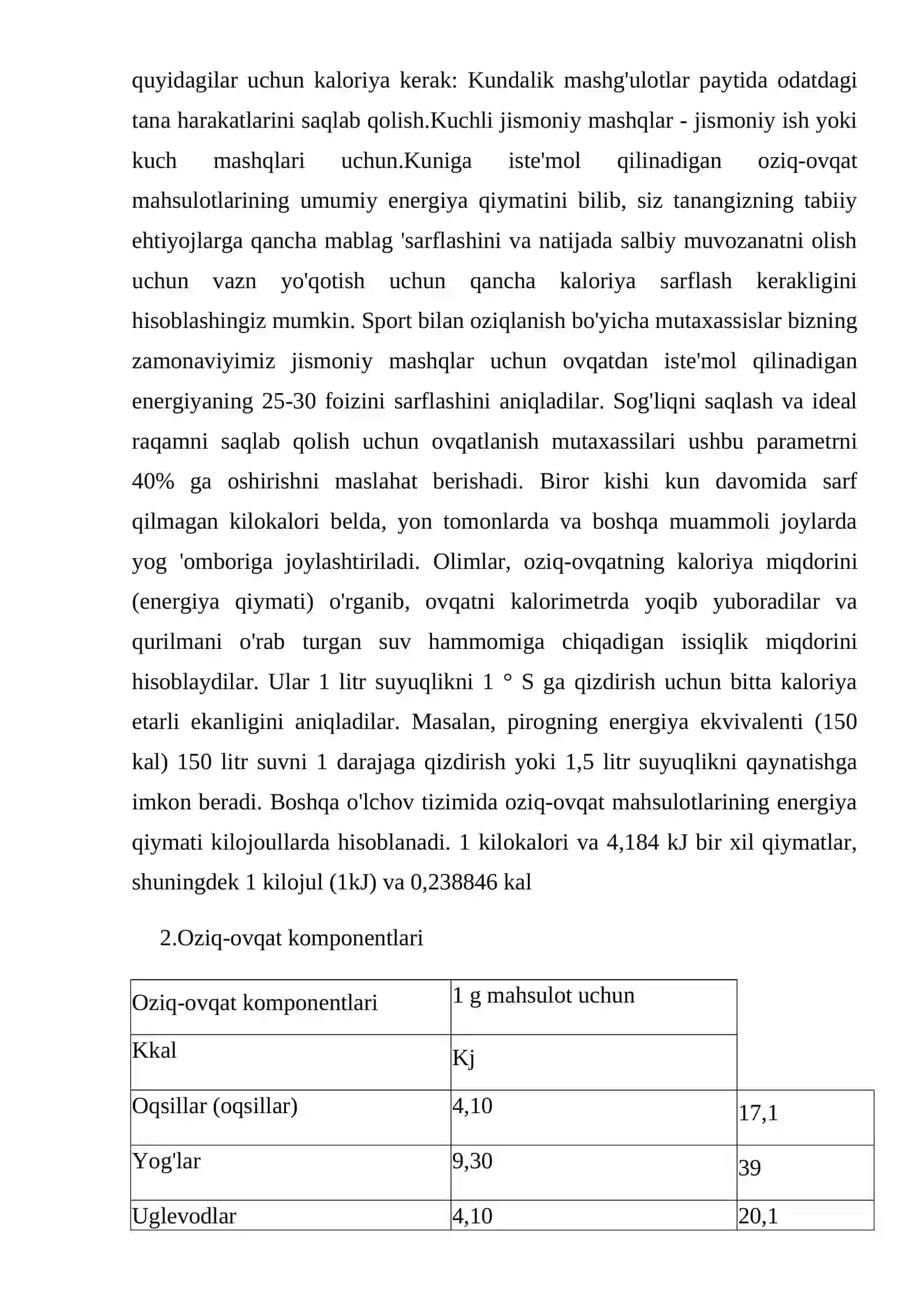 Oziq –ovqat mahsulotlarining energetik qiymati 2