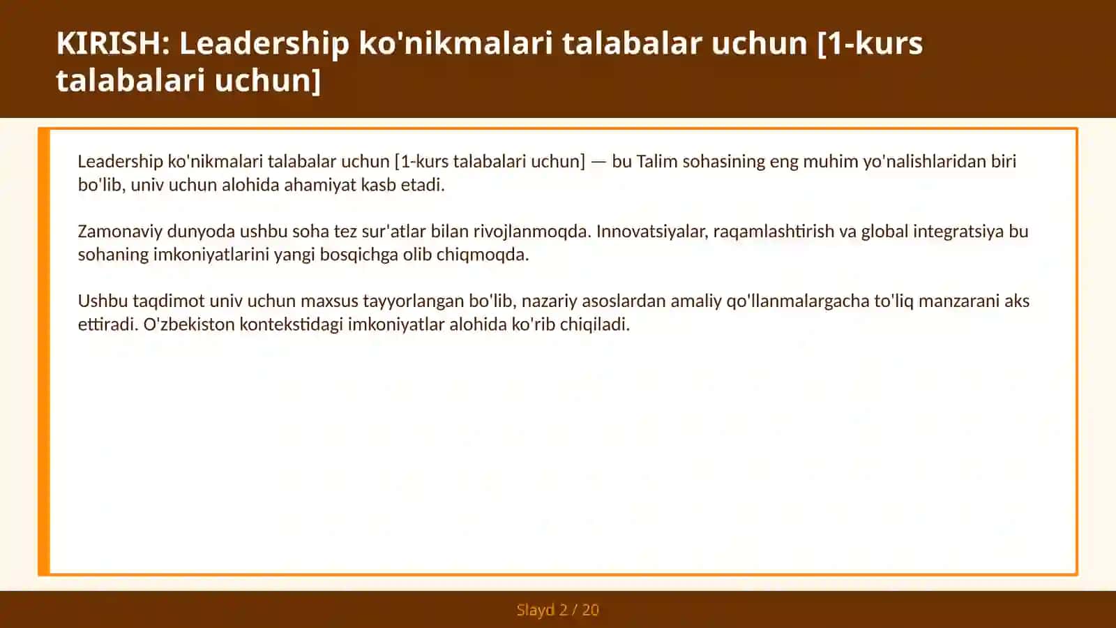 Leadership ko'nikmalari talabalar uchun [1-KURS TALABALARI UCHUN] 2