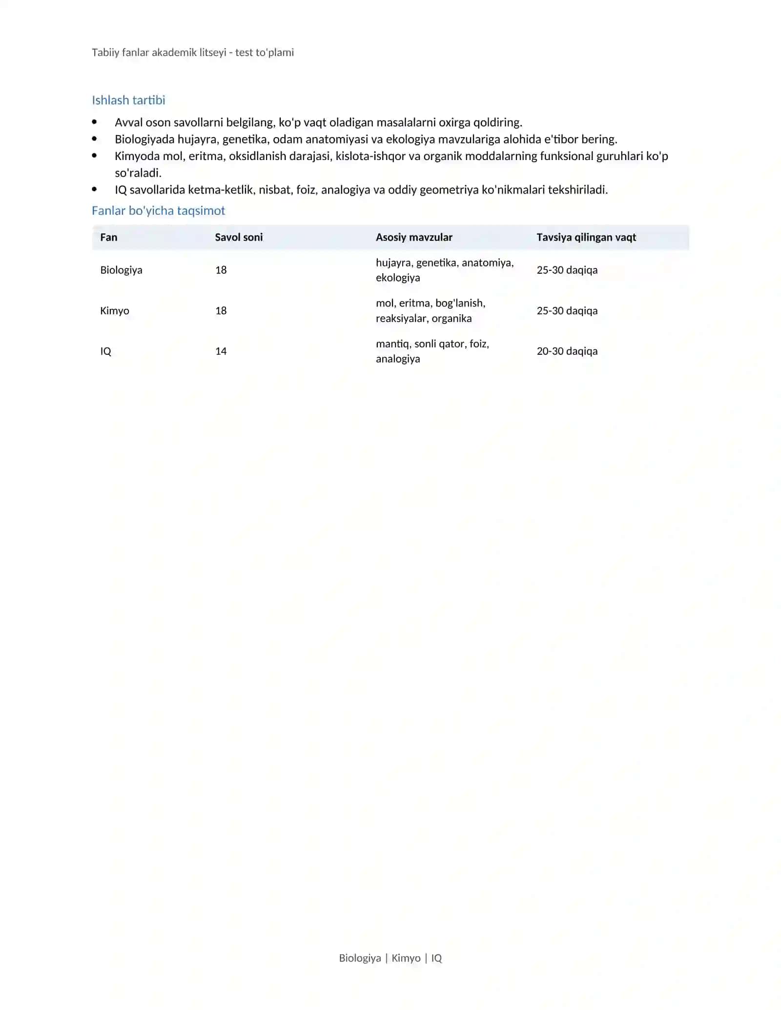 Tabiiy fanlar akademik litseyi - test to'plami 2