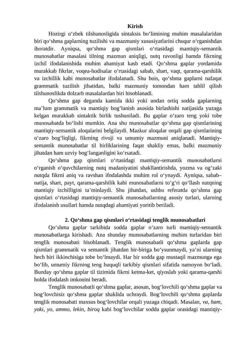 Qo’shma gap qismlari o’rtasidagi mantiqiy-semantik munosabatlar 2