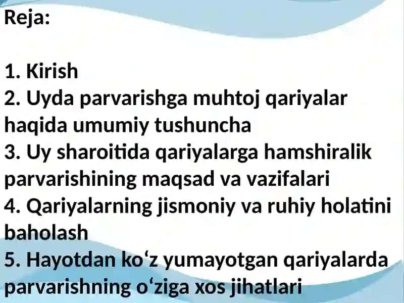 Uyda parvarishga muhtoj qariyalarda hamshiralik parvarishi 2
