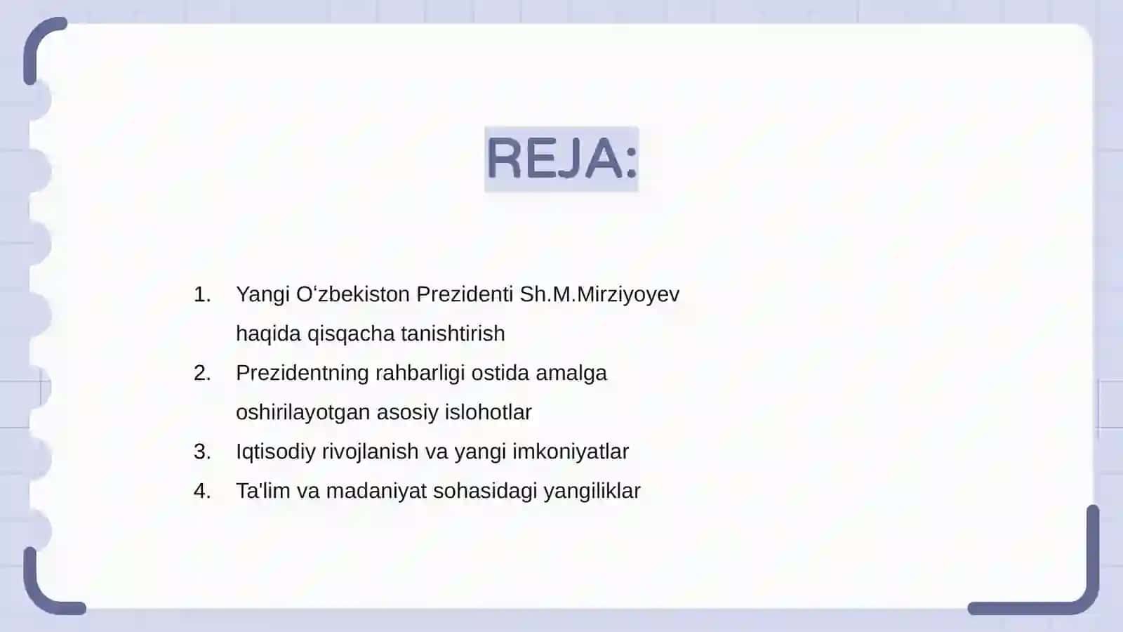 Yangi Oʻzbekiston Prezidenti Sh.M.Mirziyoyev rahbarligi va islohotlari 2