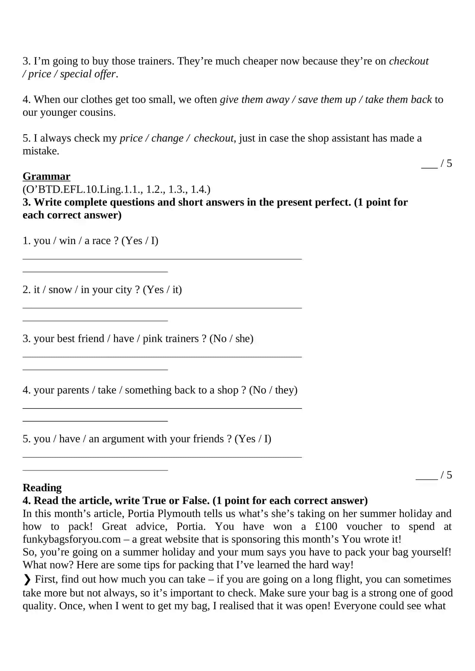 Summative Section assessment Term 2-2. Variant #1 for Grade 10 2