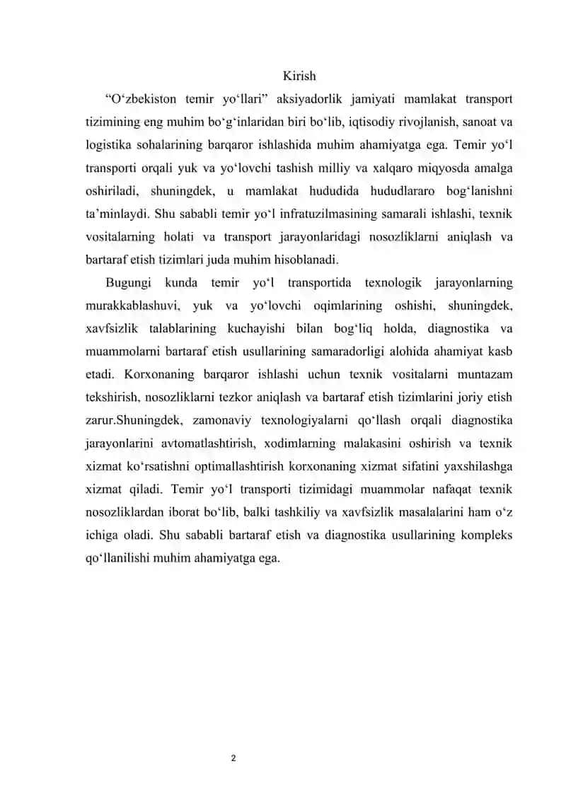 O‘zbekiston temir yo‘llari” AJda bartaraf etish va diagnostika usullari 2