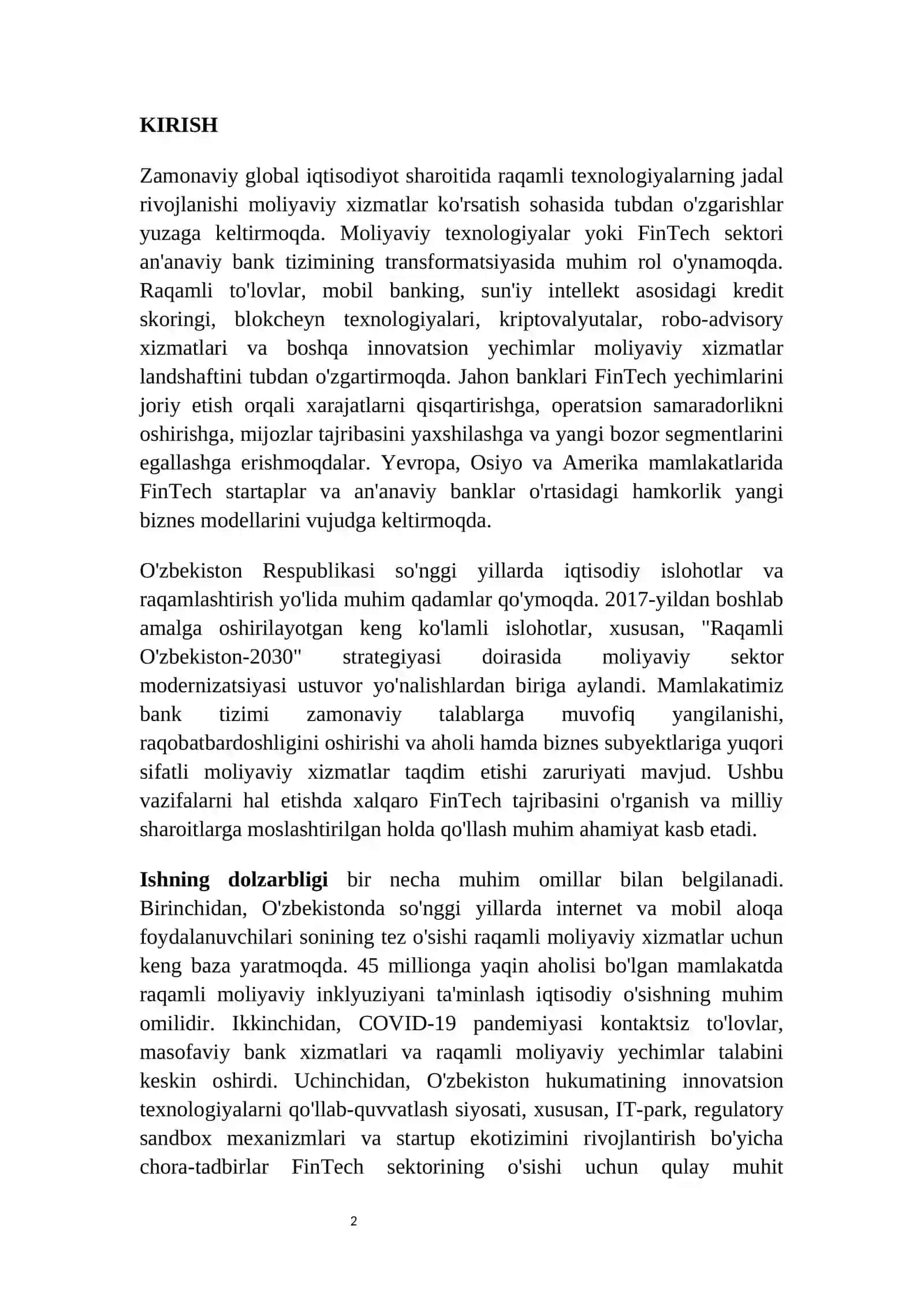 Moliyaviy texnologiyalar (FinTech)ni bank sektori rivojiga qo'llash bo'yicha xalqaro tajriba va O'zbekiston uchun istiqbollar 2
