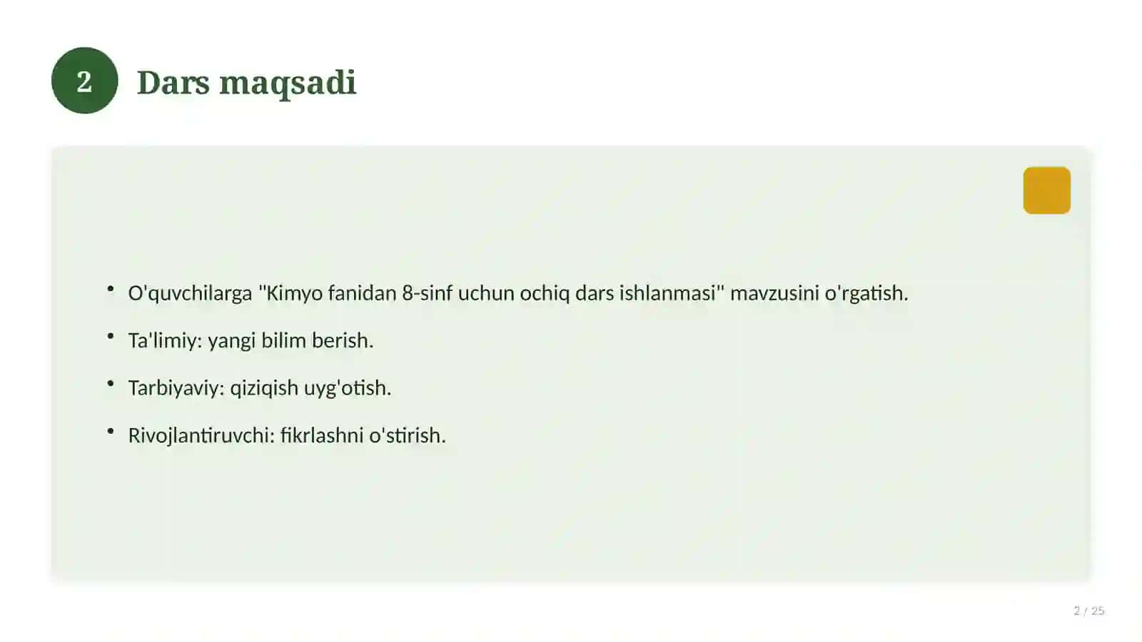 Kimyo fanidan 8-sinf uchun ochiq dars ishlanmasi 2