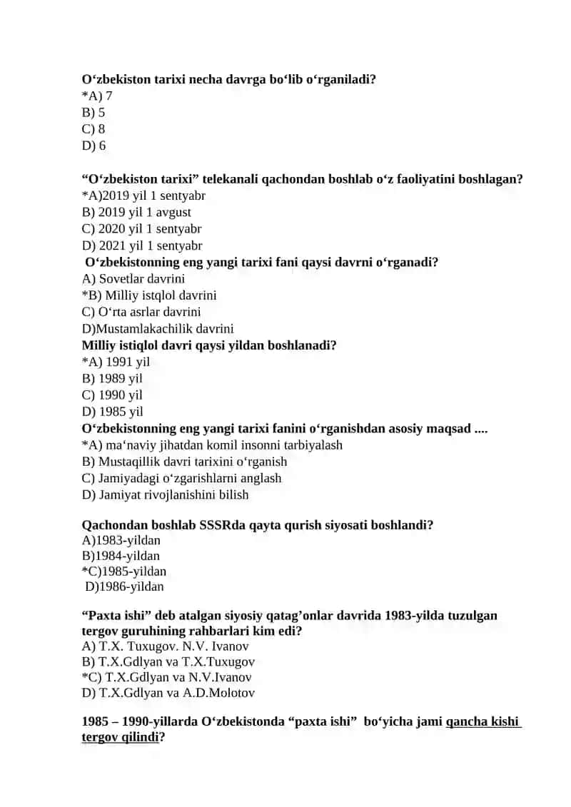 O‘zbekistonning eng yangi tarixi fanidan yakuniy nazorat test savollari (200 ta) 2
