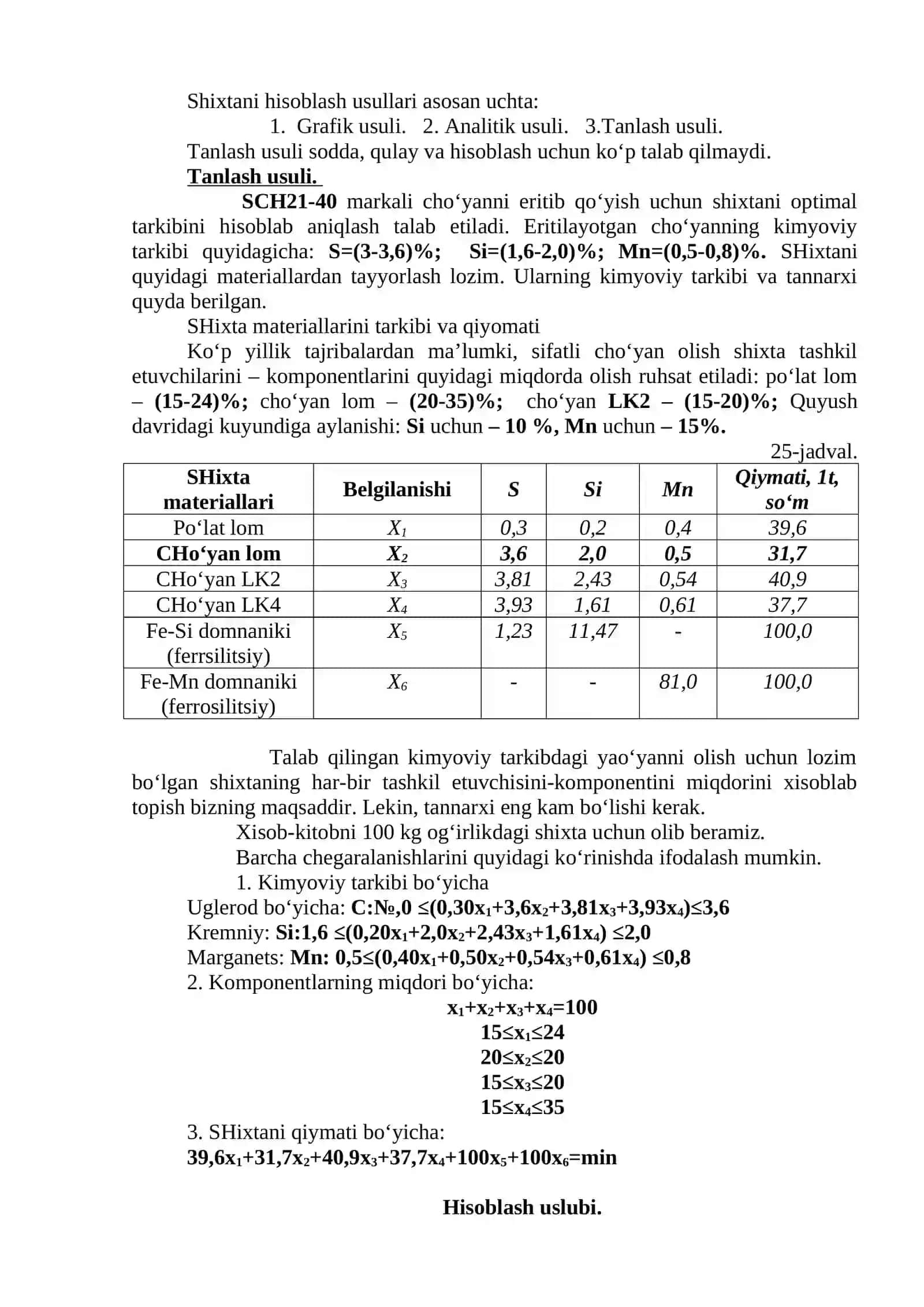 QUYMA OLISHDA SHIXTANI HISOBLASH 2